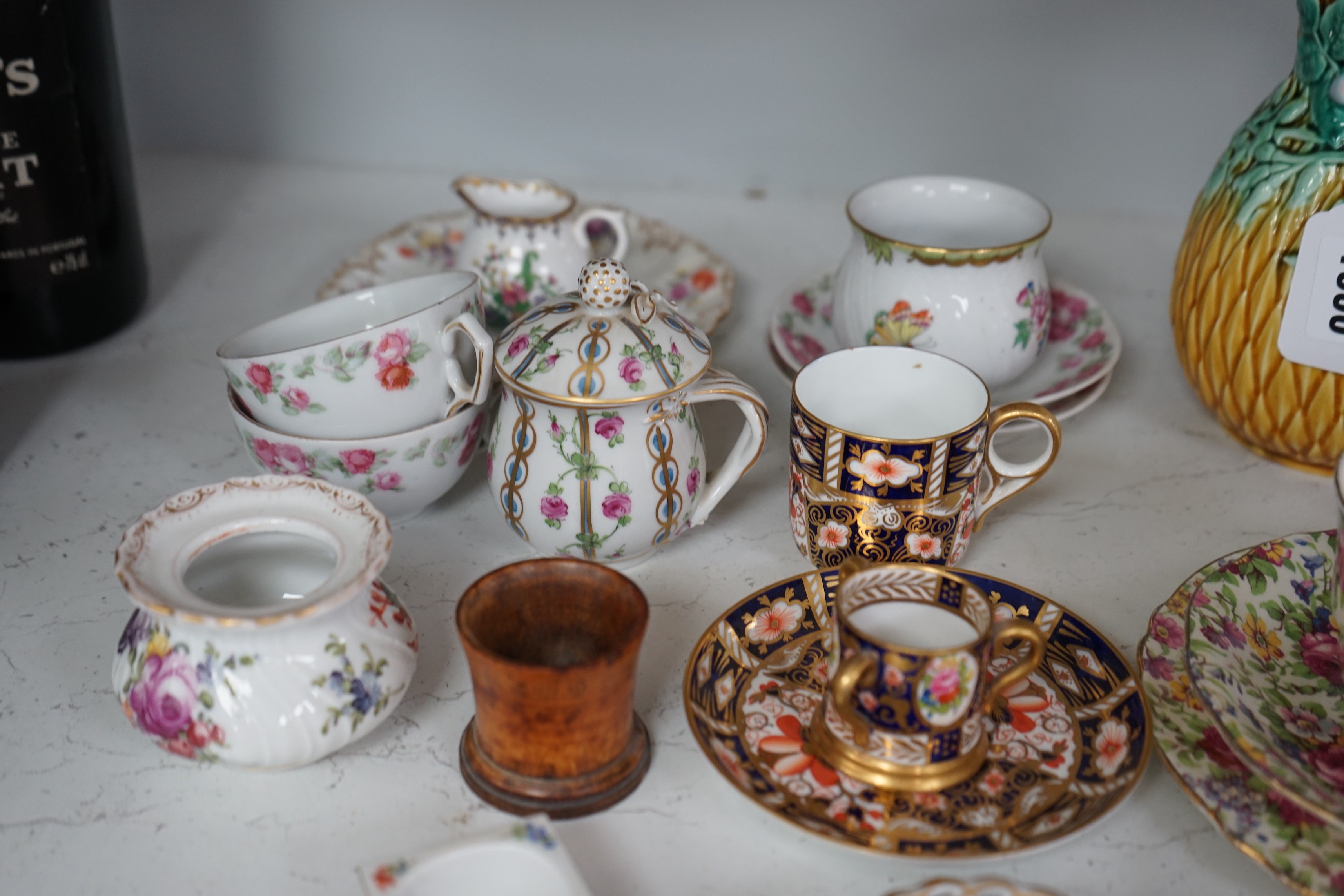 A group of continental porcelain, to include Meissen, Dresden etc. cups, trinkets, jugs, and saucers, tallest 16.5cm